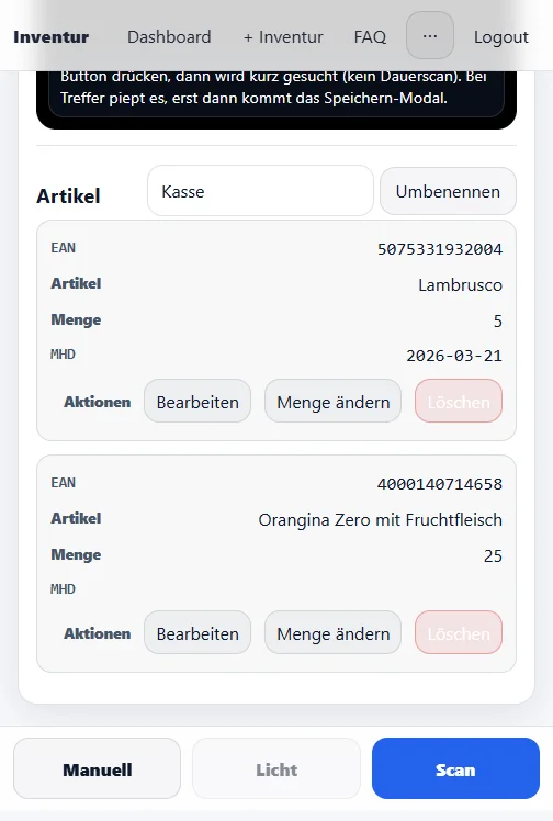 Bereich „Kasse“ in der Inventur-App: Scanner-Ansicht und Artikelliste mit EAN, Menge und MHD, unten die Leiste mit Manuell, Licht und Scan