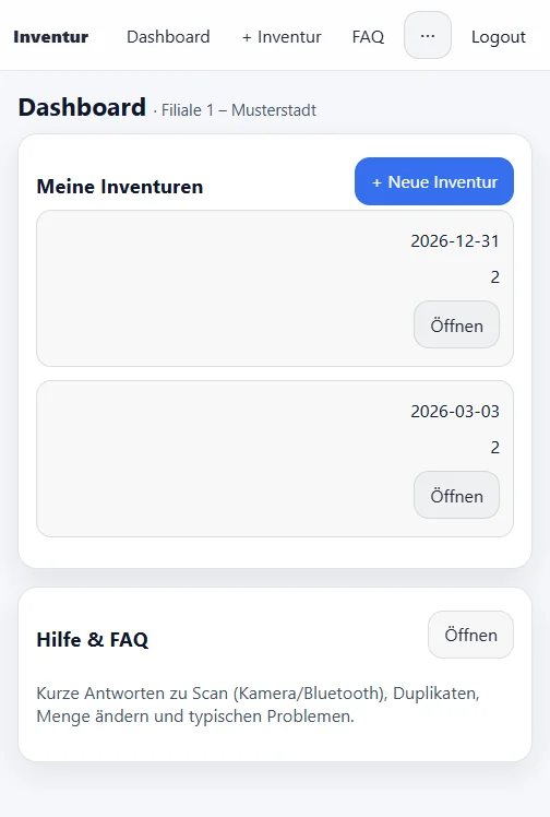 Dashboard der Inventur-App im Handy-Format: Filiale 1 Musterstadt mit zwei Inventuren und dem Hilfe-Bereich