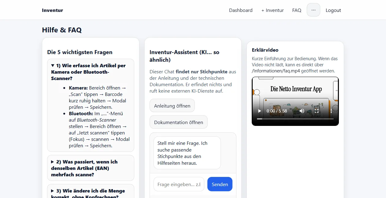 Hilfeseite der Inventur-App mit den fünf wichtigsten Fragen und dem Inventur-Assistenten, der nur Stichpunkte aus der Anleitung sucht