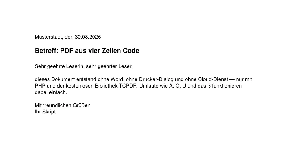 Mit TCPDF erzeugter Brief: Datum, fette Betreffzeile und Fließtext mit deutschen Umlauten