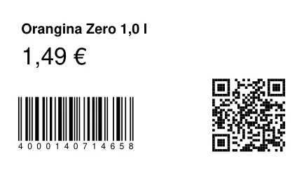 Mit TCPDF erzeugtes Regal-Etikett: Artikelname, Preis, EAN-13-Strichcode und QR-Code