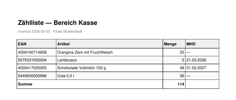 Mit TCPDF erzeugte Zählliste: Tabelle mit EAN, Artikel, Menge und MHD, Wechselschattierung und Summenzeile